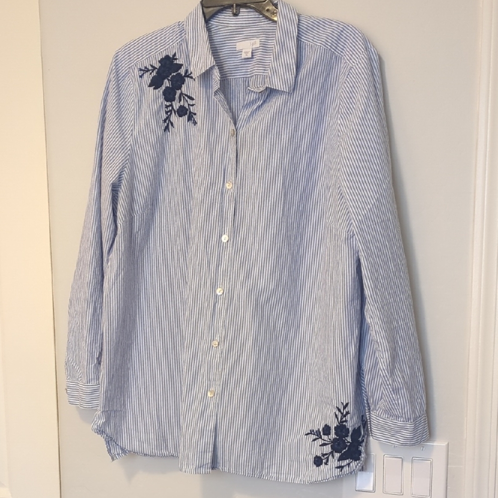 EUC Talbots Blue and White Oxford Button-Down Shirt With Flowers